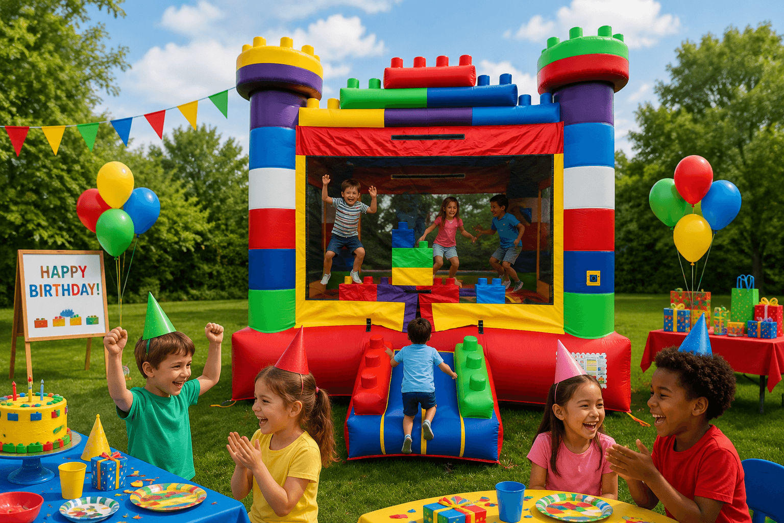 Colorful bounce house in a backyard setting